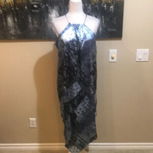 Elegant Satin Look Halter Neck Asymmetrical Hem Dress-Size M
